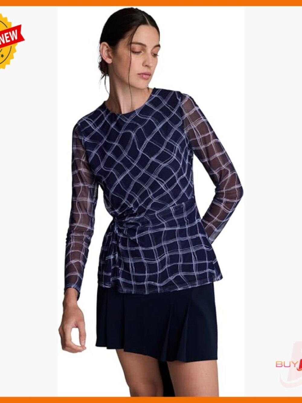 Long Sleeve Printed Mesh Knot Waist Top, Regular Fit, Polyester Blend